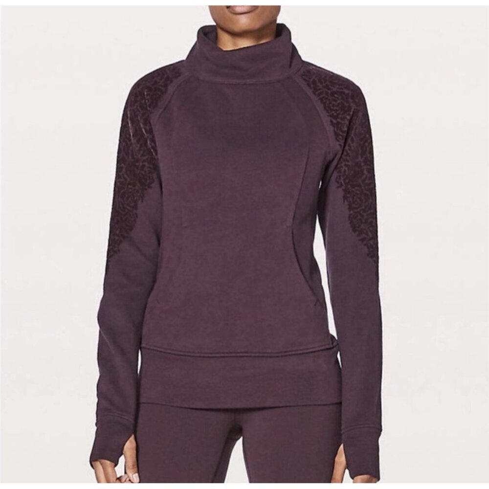 Lululemon Floral Flock Pullover 4 Womens Black Cherry Kangaroo Pocket Mock Neck